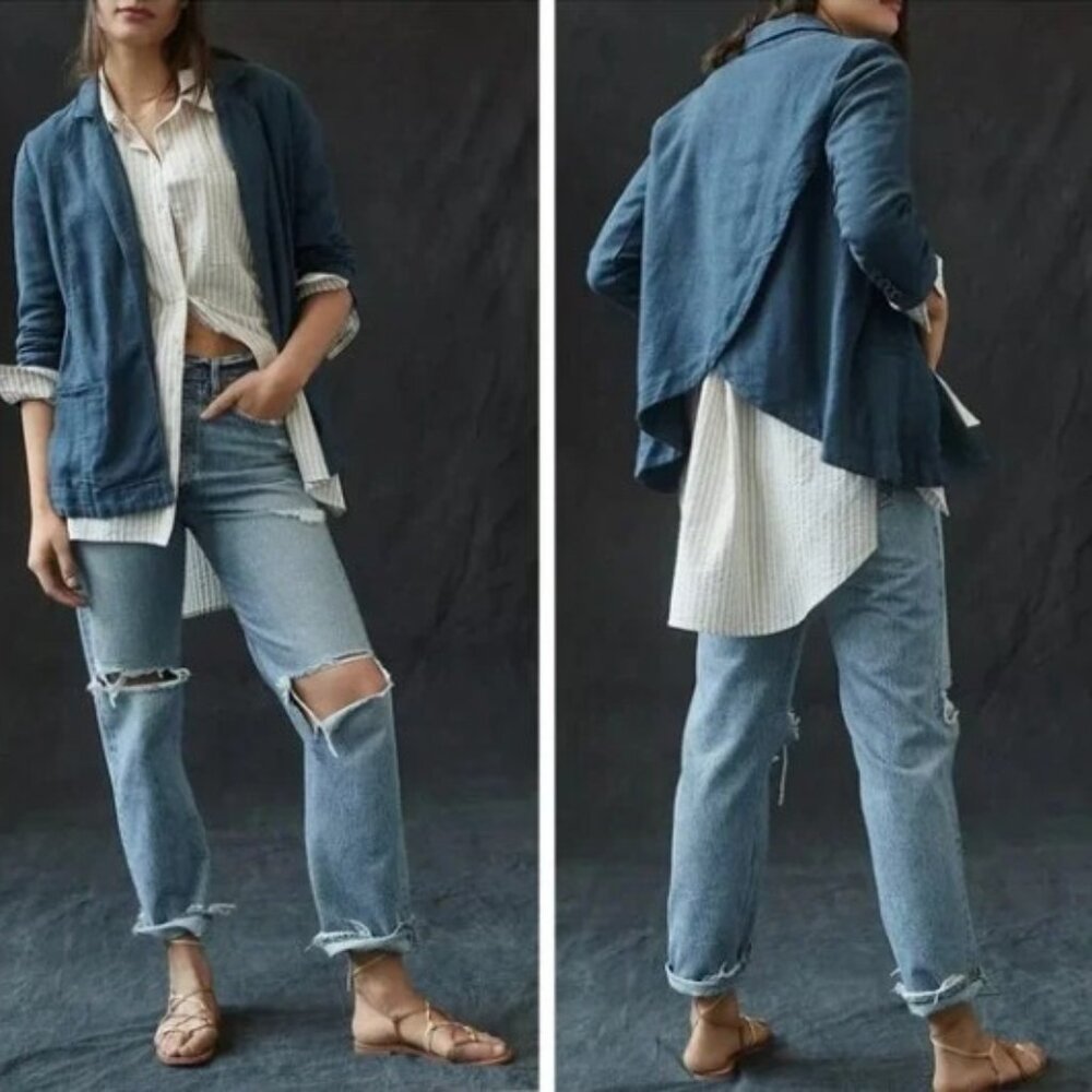 Anthropologie Vintage Washed Denim Blue Linen Blend Open Front Blazer Coat 12